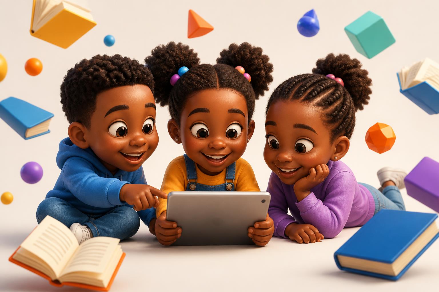 3D illustration of children learning together with a tablet and floating books